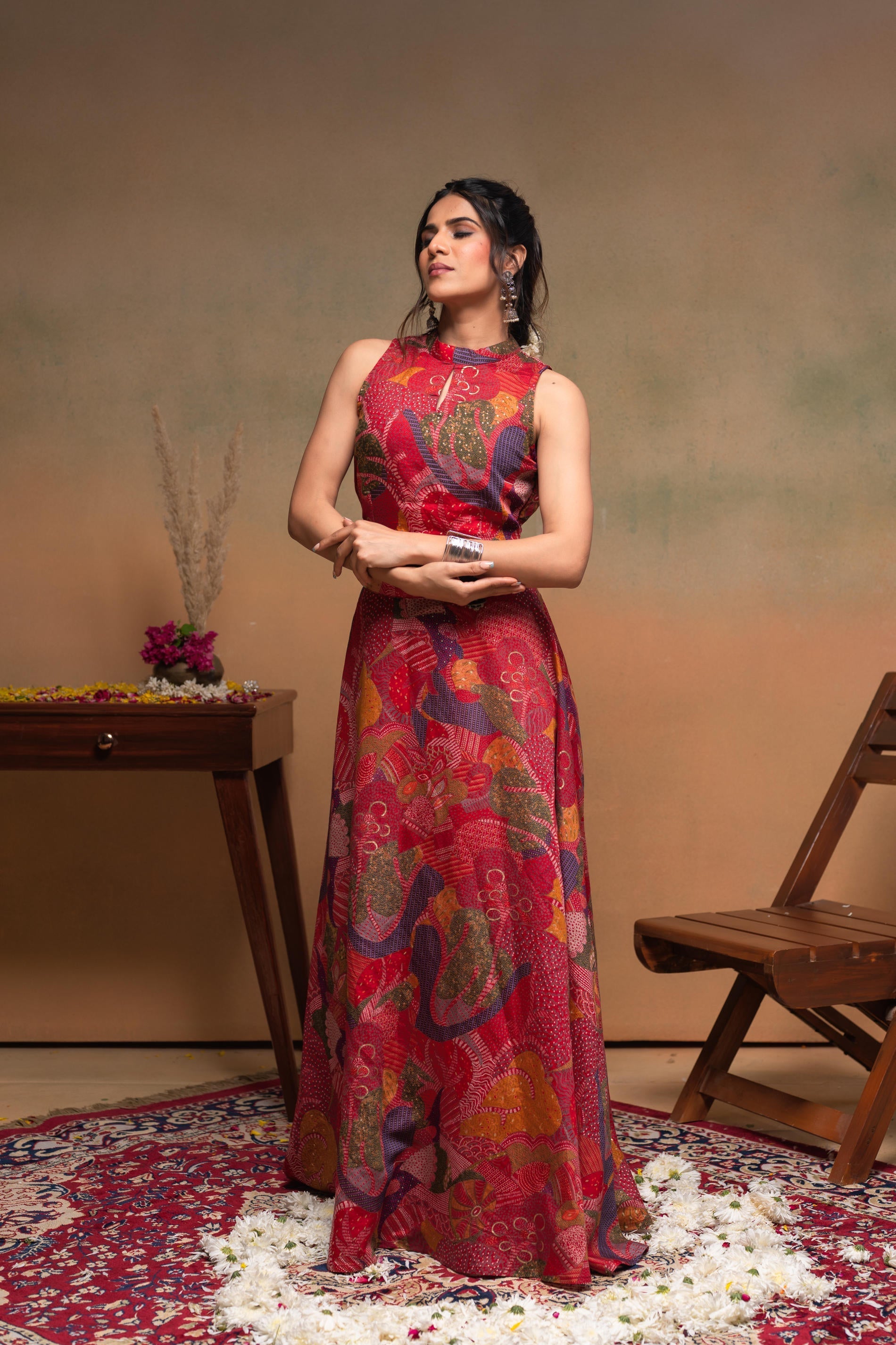 Women's Red Ethnic Motifs Co-ord Set with Turtle Neck Top & Flared Ski