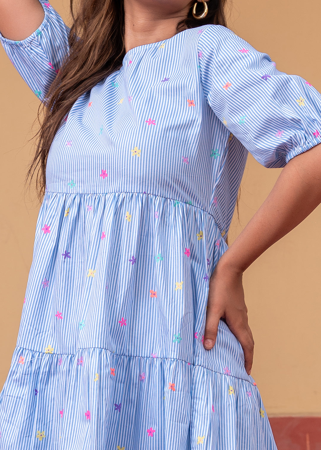 Women's Sky Blue & White Striped Cotton Short Dress | DesiQlo