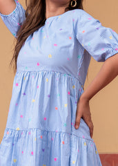 Women's Sky Blue & White Striped Cotton Short Dress