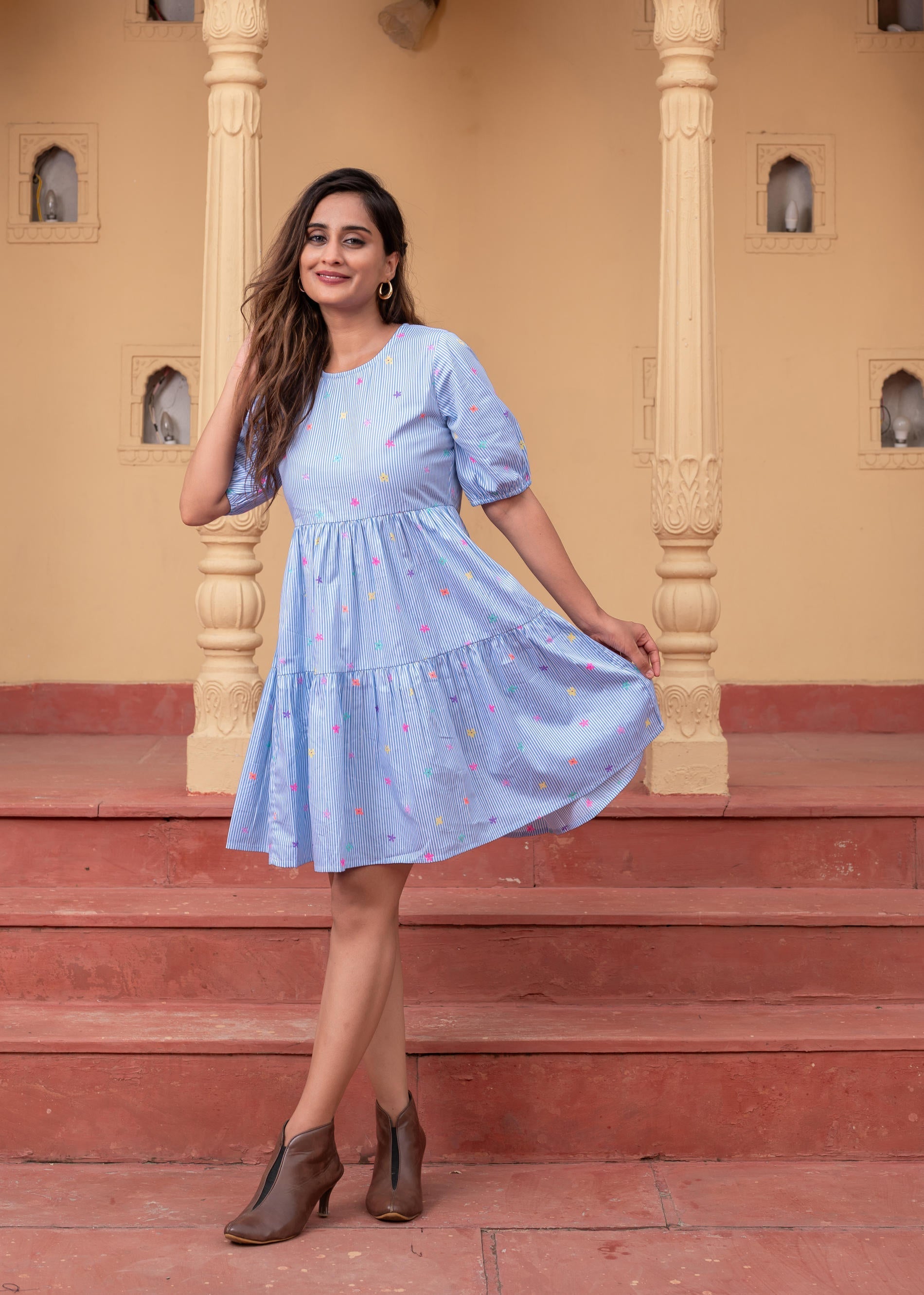 Women's Sky Blue & White Striped Cotton Short Dress | DesiQlo