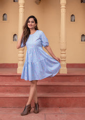 Women's Sky Blue & White Striped Cotton Short Dress