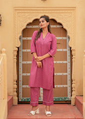 Women's Pink Striped Cotton Kurta & Pants Co-ord Set with Thread and Mirror Work
