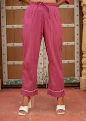 Women's Pink Striped Cotton Kurta & Pants Co-ord Set with Thread and Mirror Work