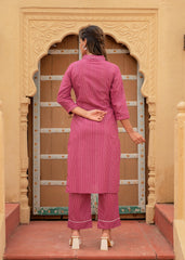 Women's Pink Striped Cotton Kurta & Pants Co-ord Set with Thread and Mirror Work