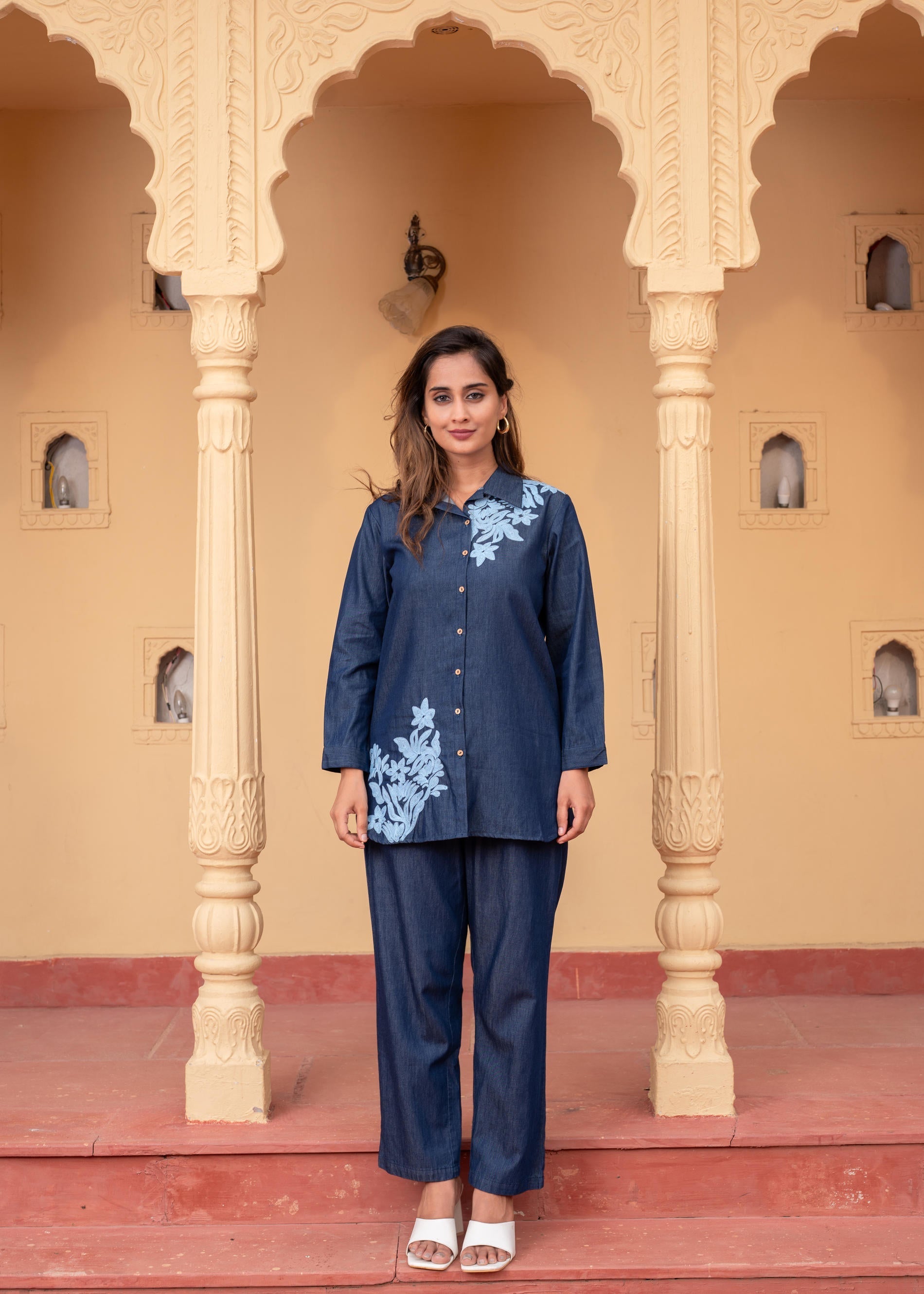 Women's Blue Embroidered Cotton Top & Pants Co-ord Set with Thread Wor