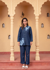 Women's Blue Embroidered Cotton Top & Pants Co-ord Set with Thread Work