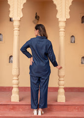 Women's Blue Embroidered Cotton Top & Pants Co-ord Set with Thread Work