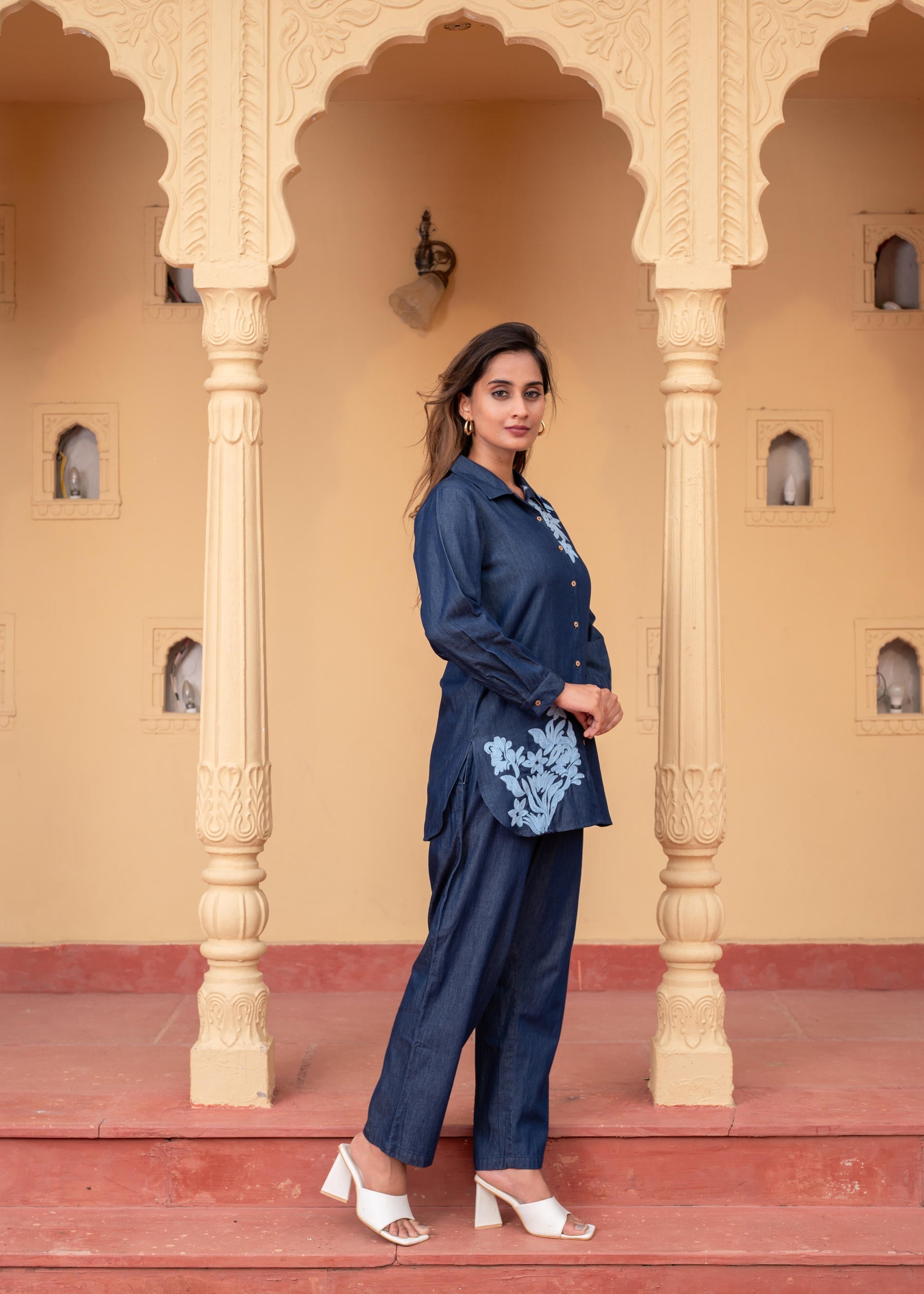 Women's Blue Embroidered Cotton Top & Pants Co-ord Set with Thread Wor