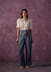Women's Natural Solid Top with Pant Co-Ord Set with Thread Work