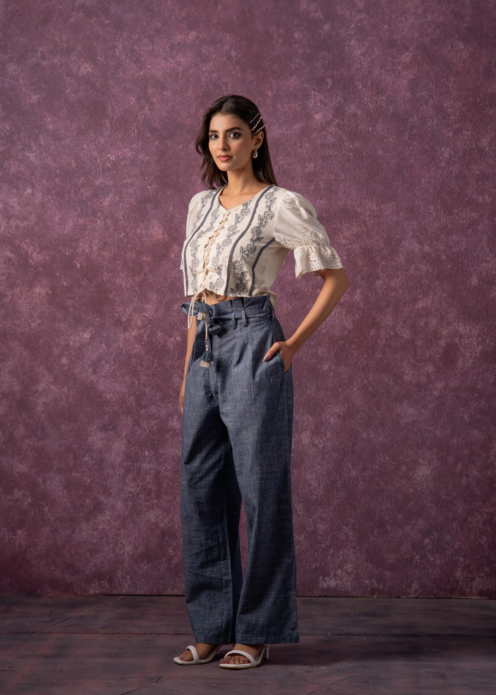 Women's Natural Solid Top with Pant Co-Ord Set with Thread Work | Desi