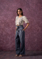 Women's Natural Solid Top with Pant Co-Ord Set with Thread Work