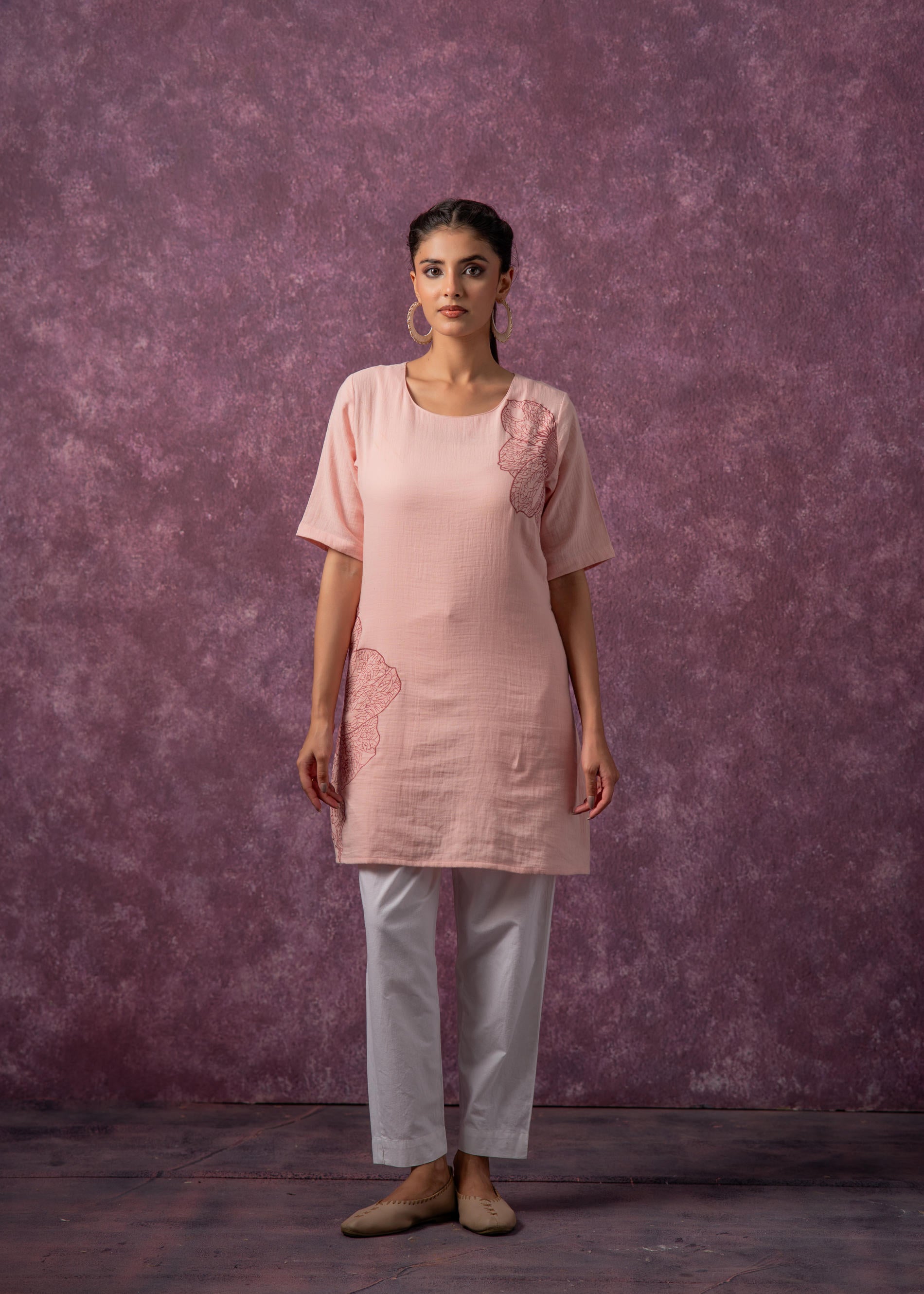 Peach Cotton Embroidered Straight Kurta for Women | DesiQlo