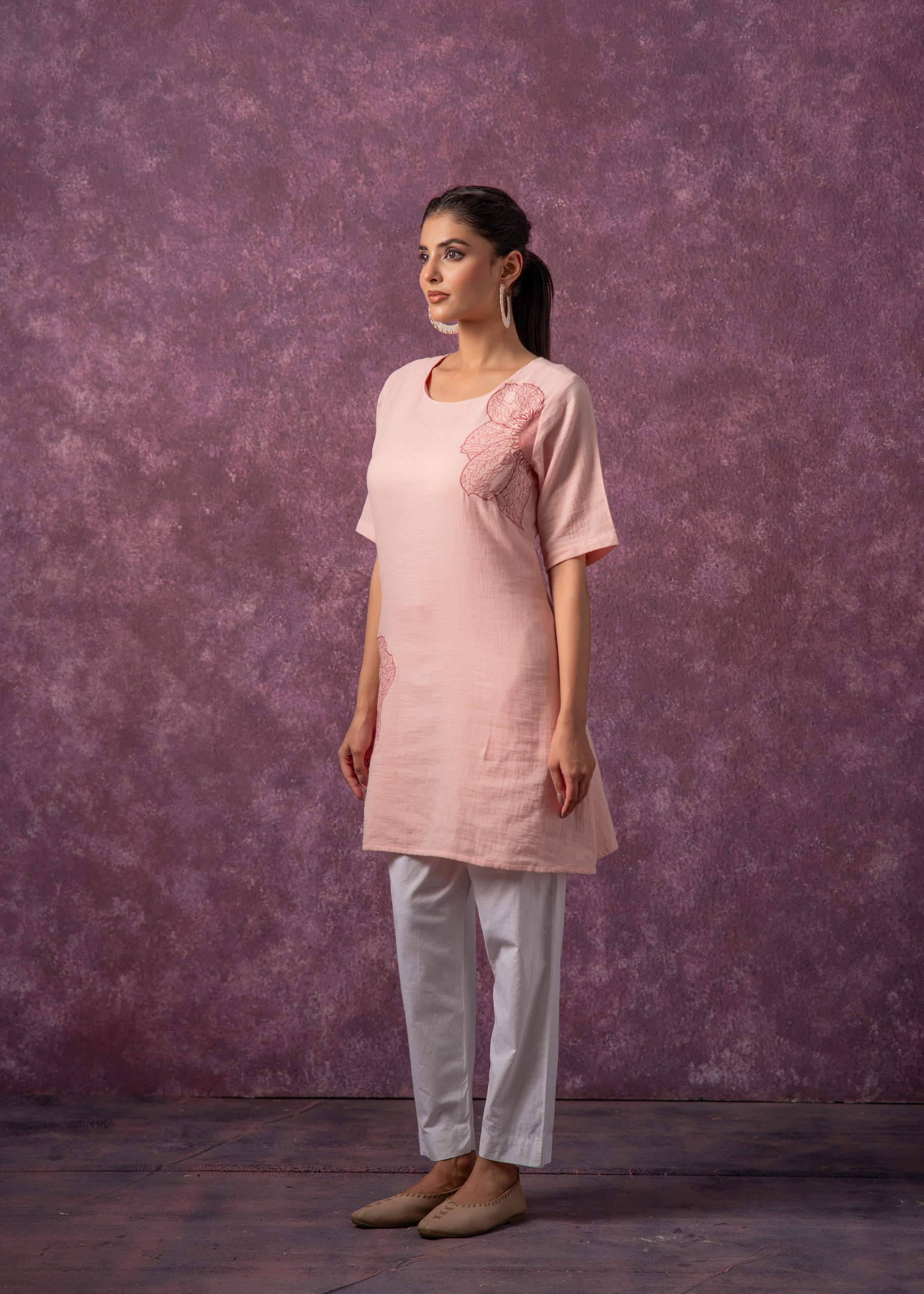 Peach Cotton Embroidered Straight Kurta for Women | DesiQlo