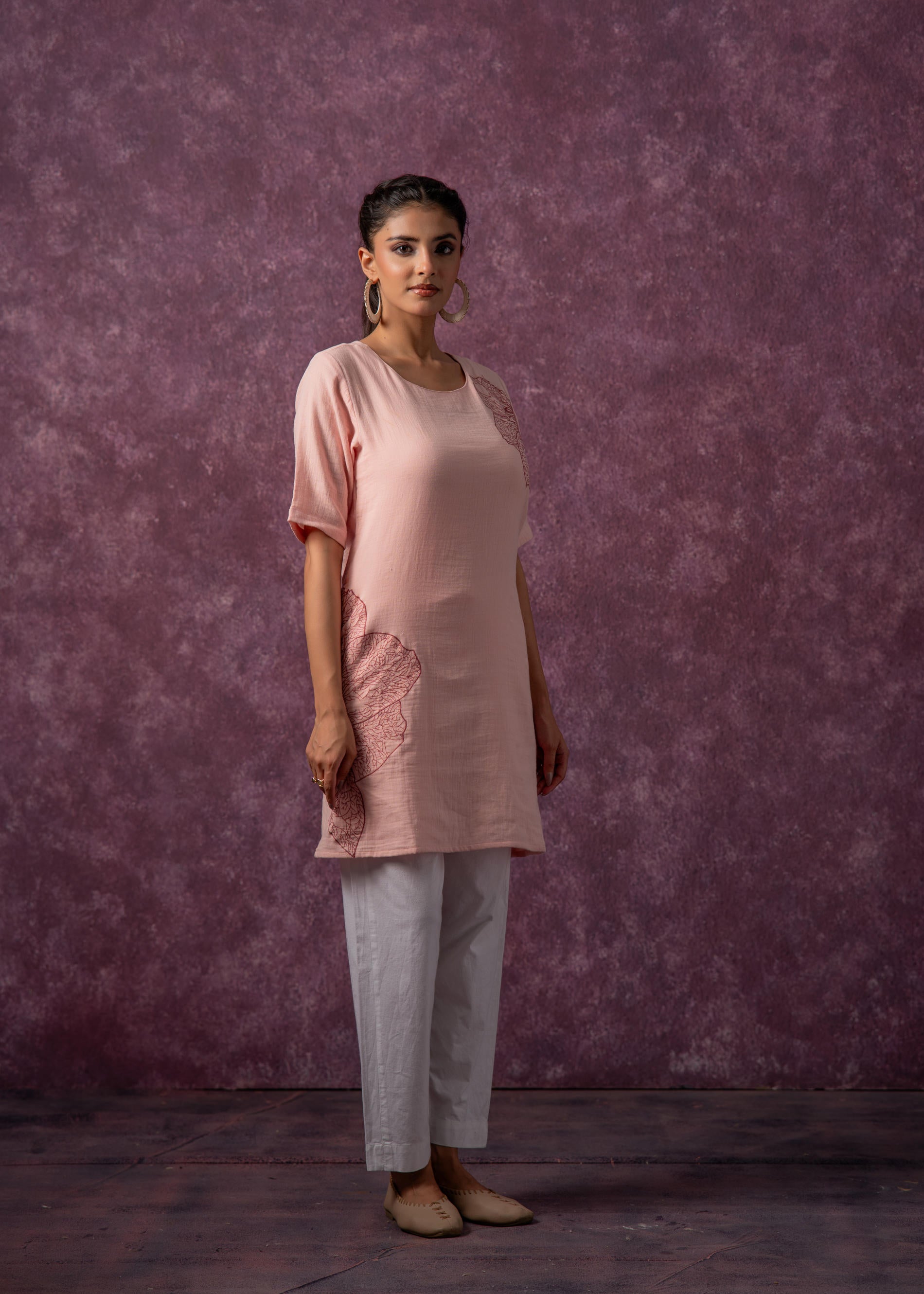 Peach Cotton Embroidered Straight Kurta for Women | DesiQlo