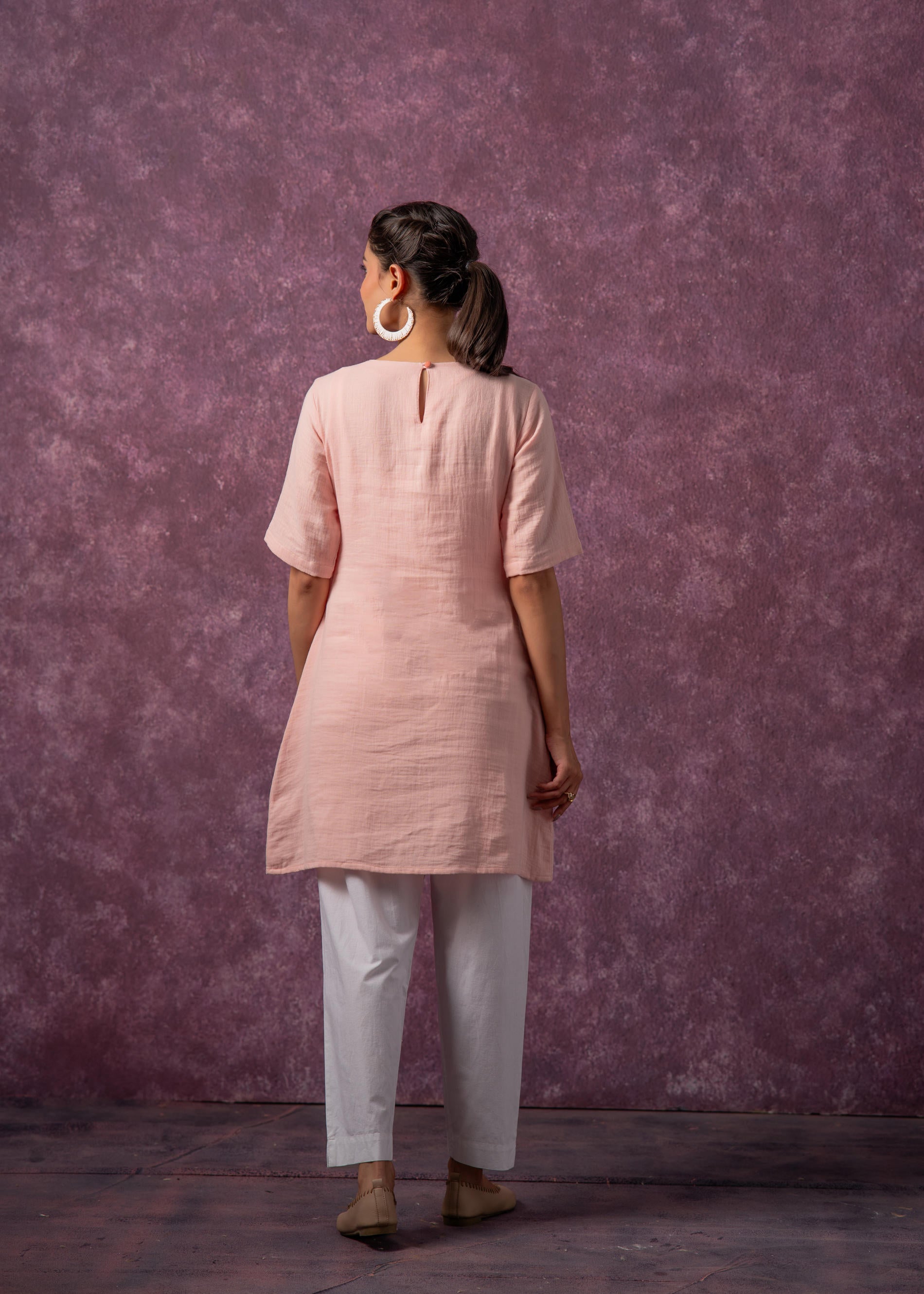 Peach Cotton Embroidered Straight Kurta for Women | DesiQlo