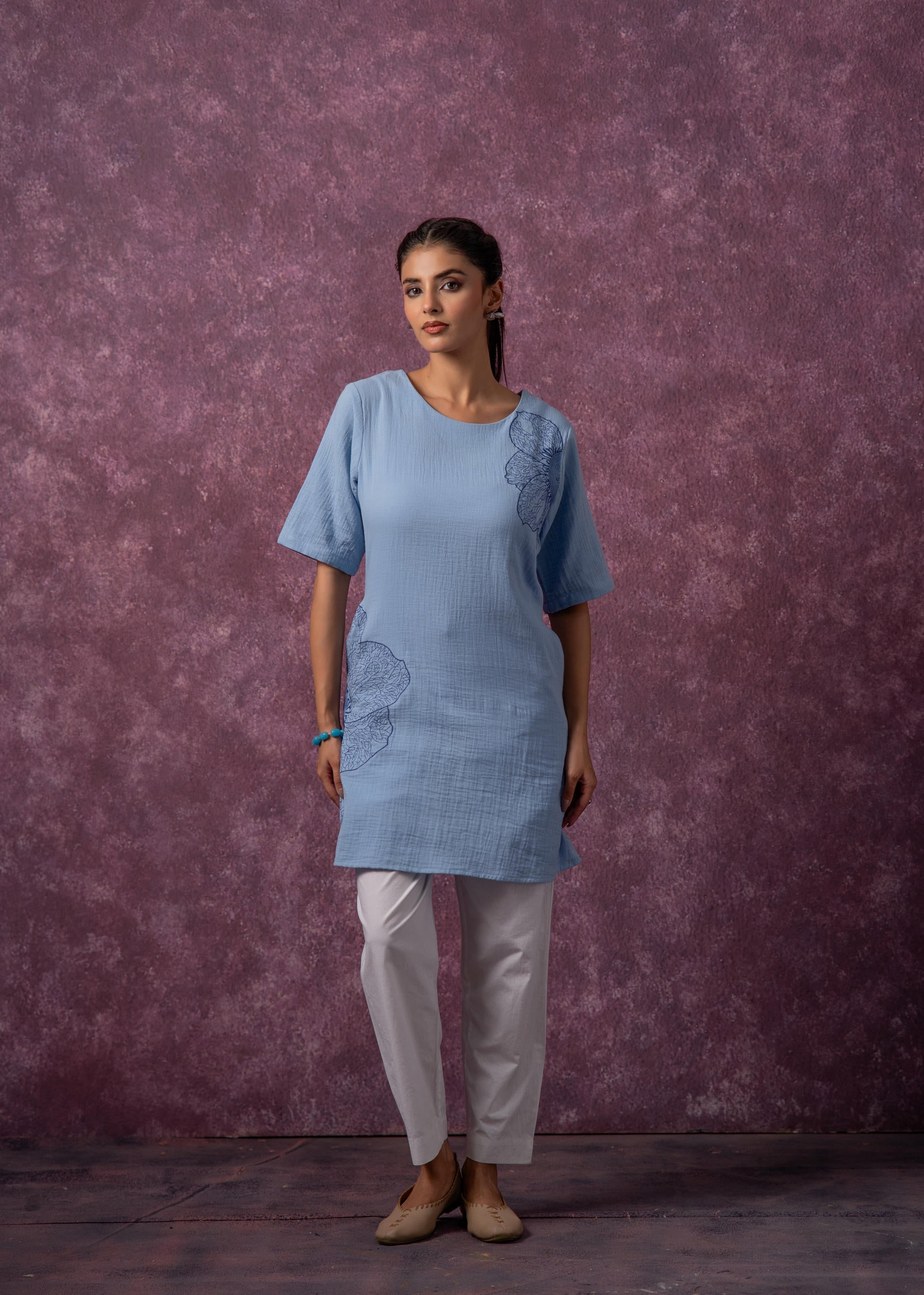 Sky Blue Cotton Embroidered Straight Kurta for Women | DesiQlo