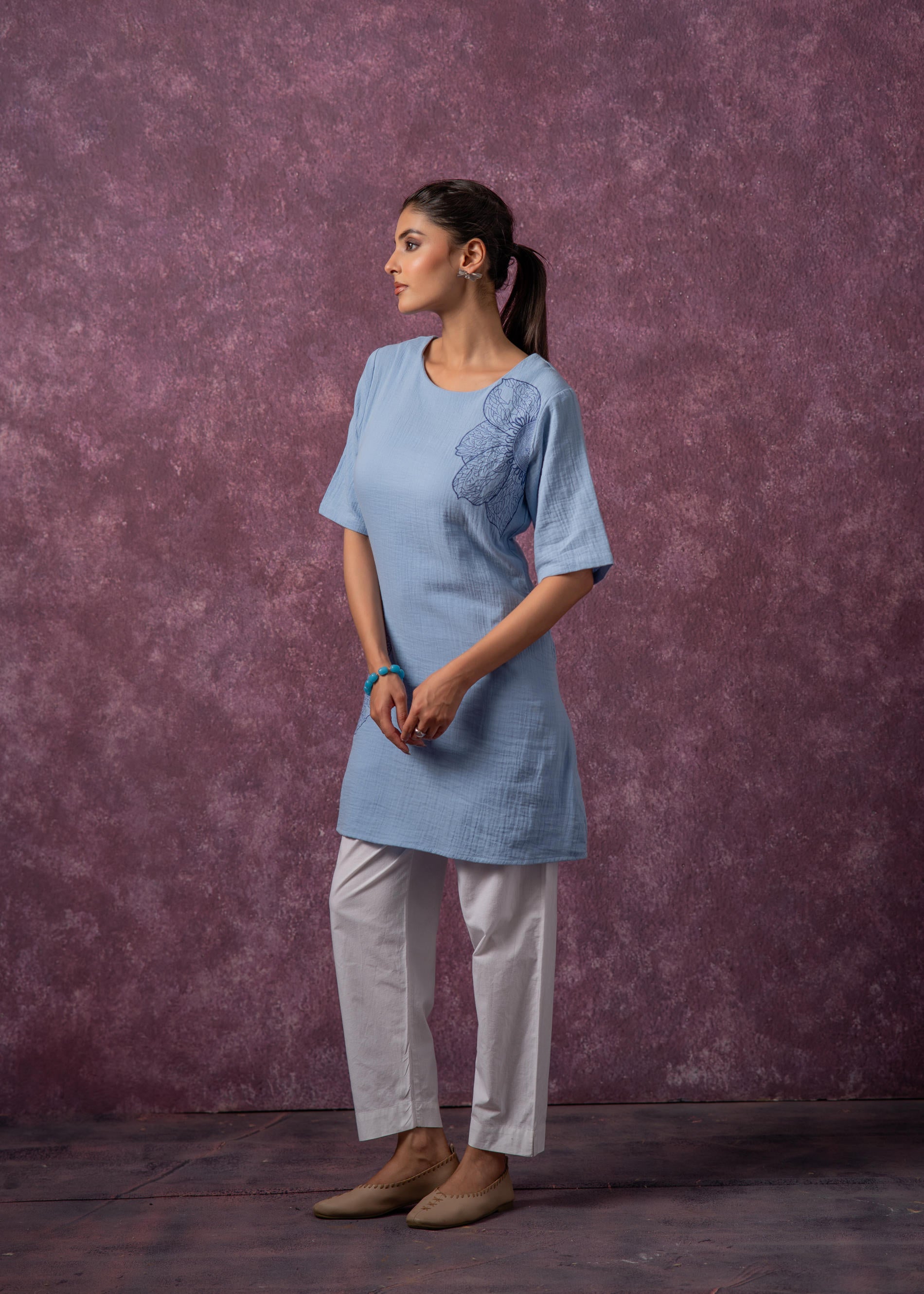 Sky Blue Cotton Embroidered Straight Kurta for Women | DesiQlo