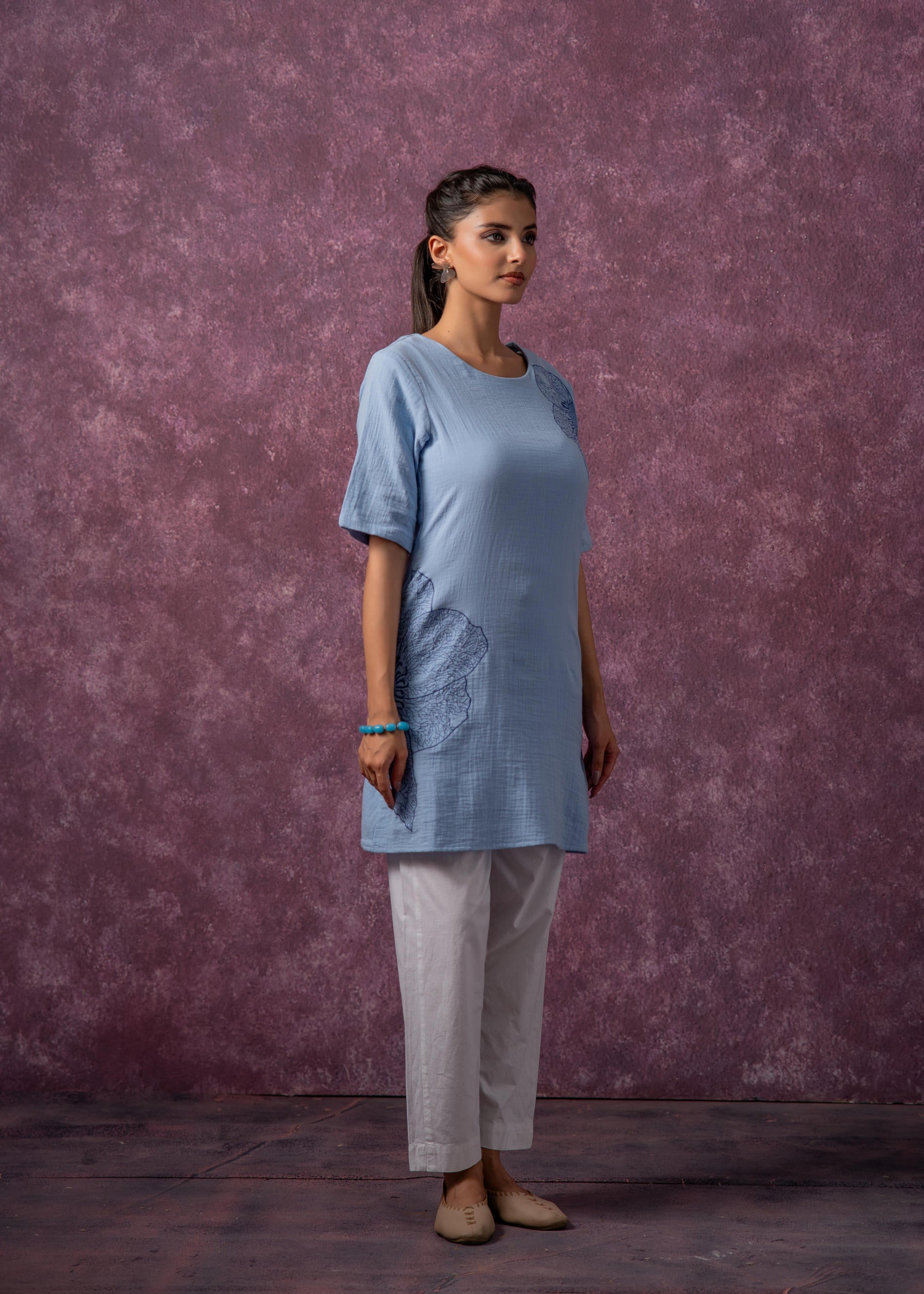 Sky Blue Cotton Embroidered Straight Kurta for Women | DesiQlo