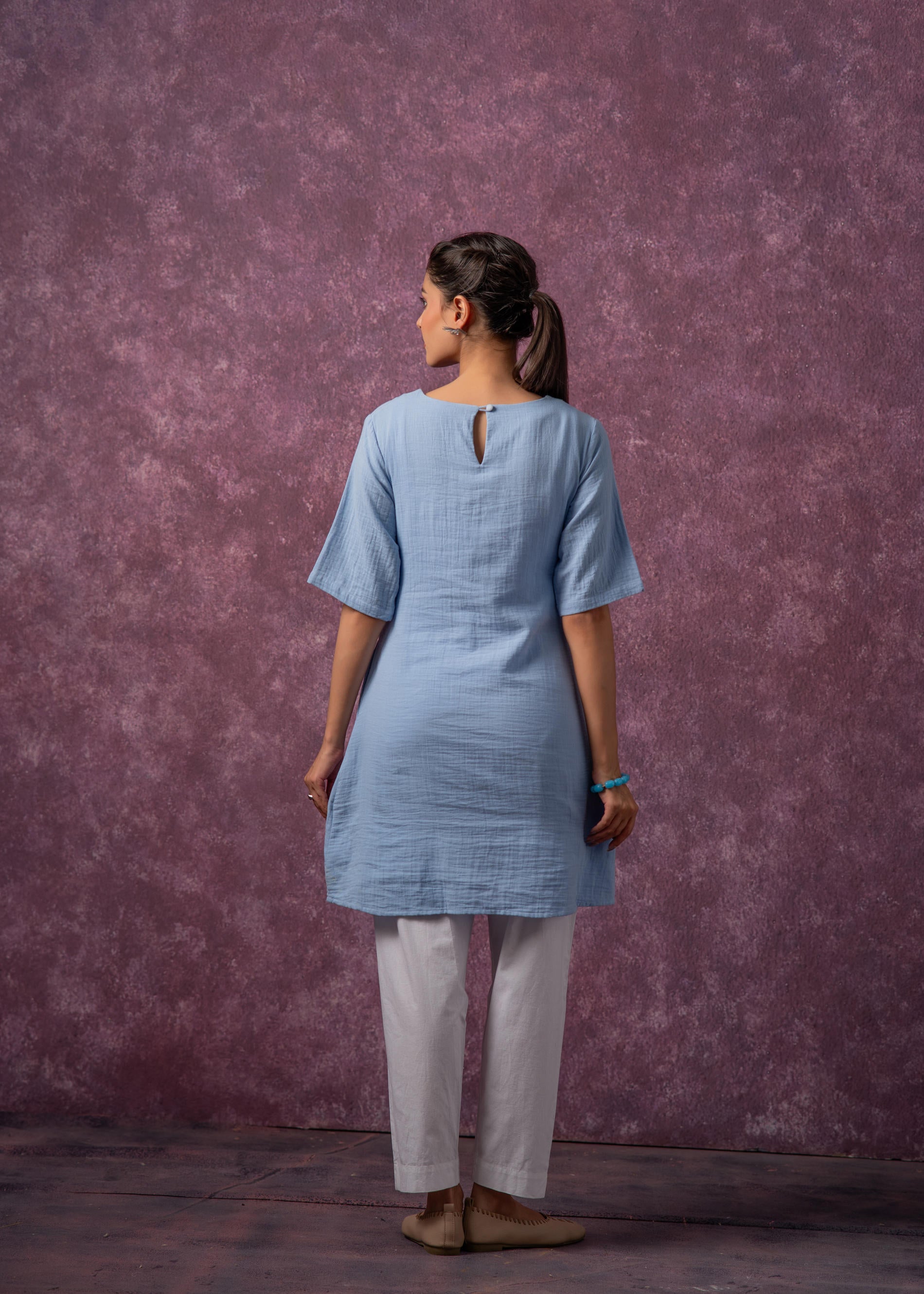 Sky Blue Cotton Embroidered Straight Kurta for Women | DesiQlo