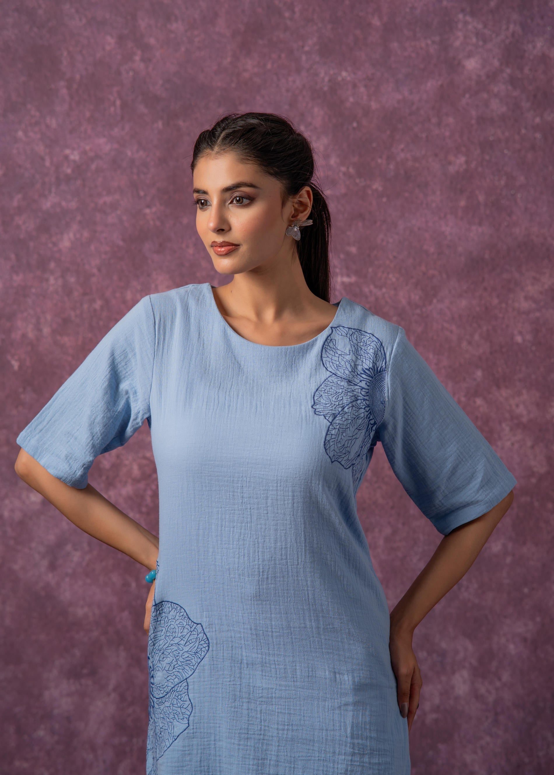 Sky Blue Cotton Embroidered Straight Kurta for Women | DesiQlo
