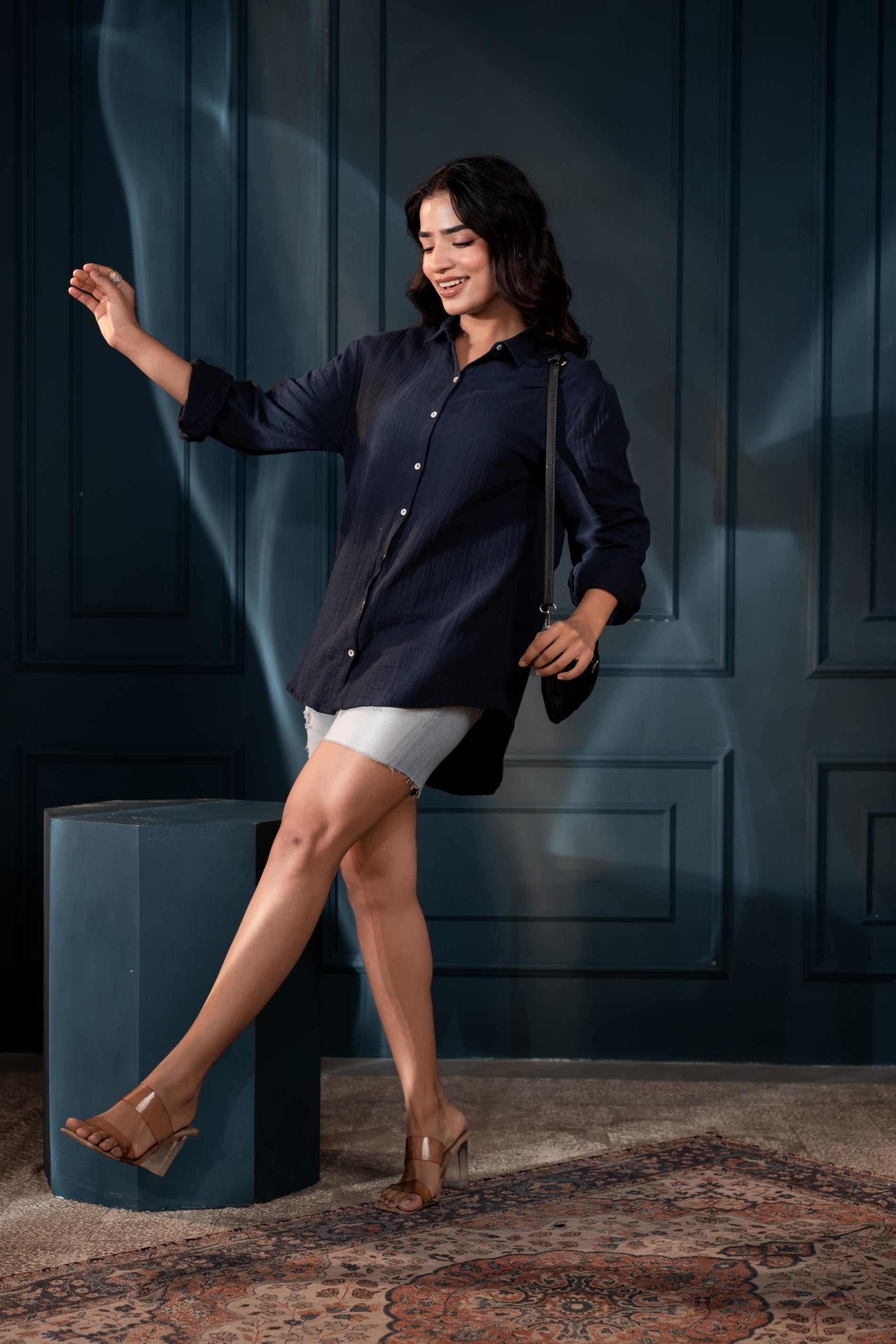 Women's Navy Cotton Shirt with Full Sleeves and Front Slit | DesiQlo