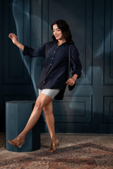 Women's Navy Cotton Shirt with Full Sleeves and Front Slit