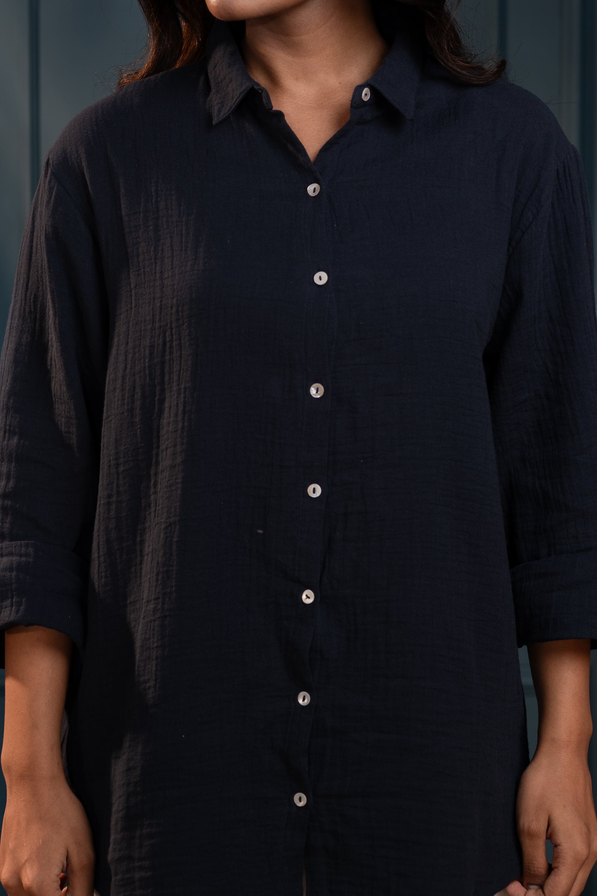 Women's Navy Cotton Shirt with Full Sleeves and Front Slit | DesiQlo