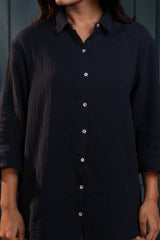 Women's Navy Cotton Shirt with Full Sleeves and Front Slit