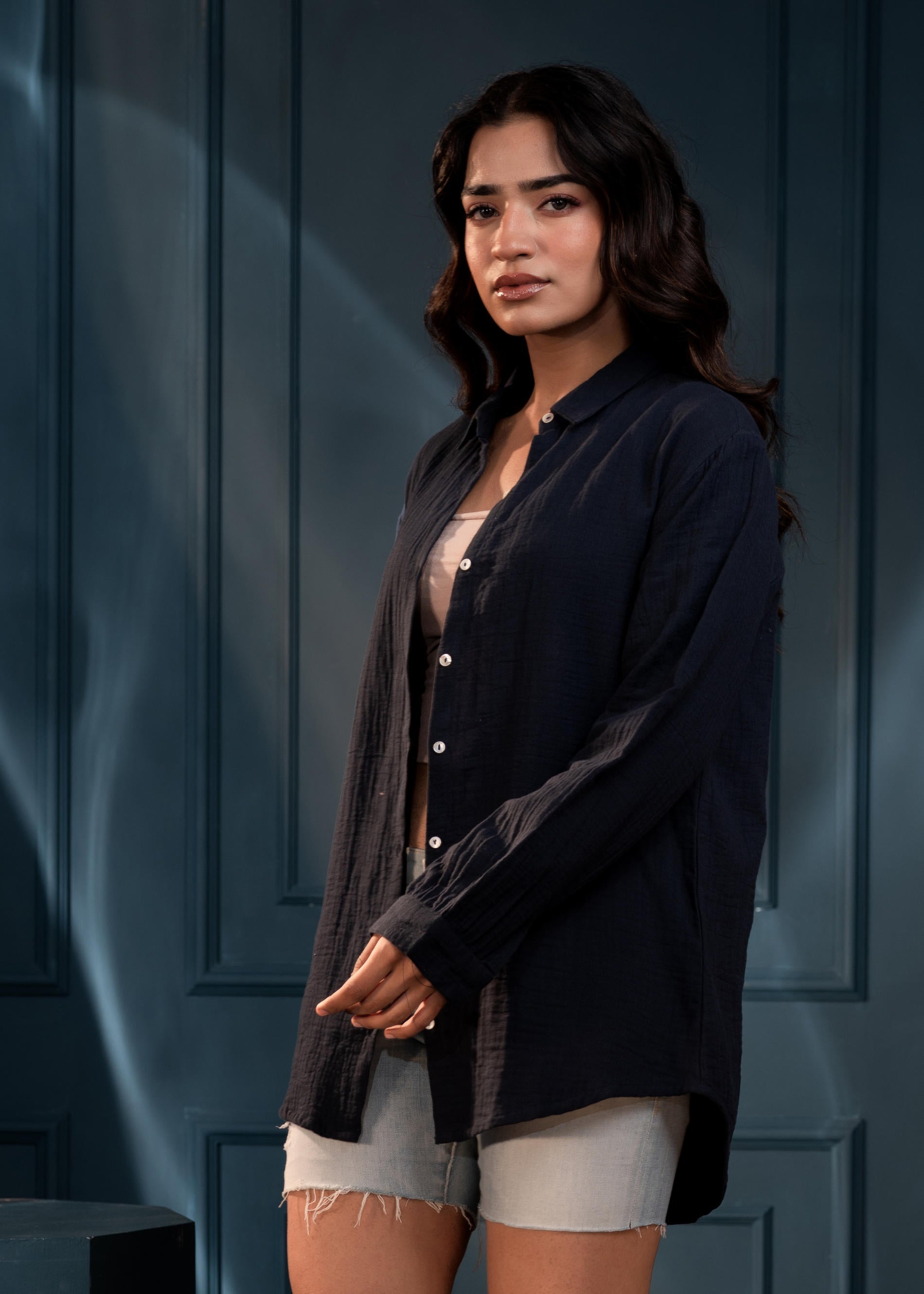 Women's Navy Cotton Shirt with Full Sleeves and Front Slit | DesiQlo