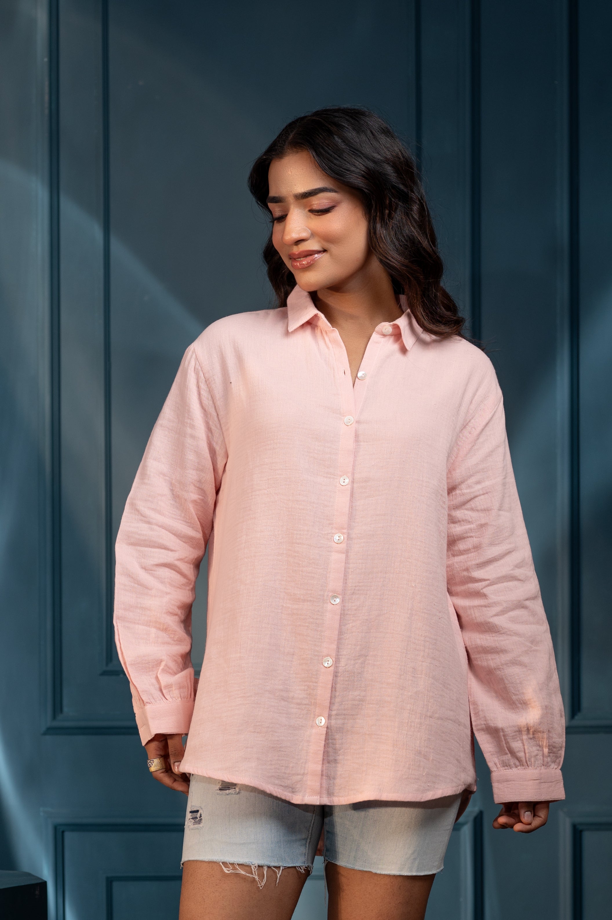Women's peach Cotton Shirt with Full Sleeves and Front Slit | DesiQlo