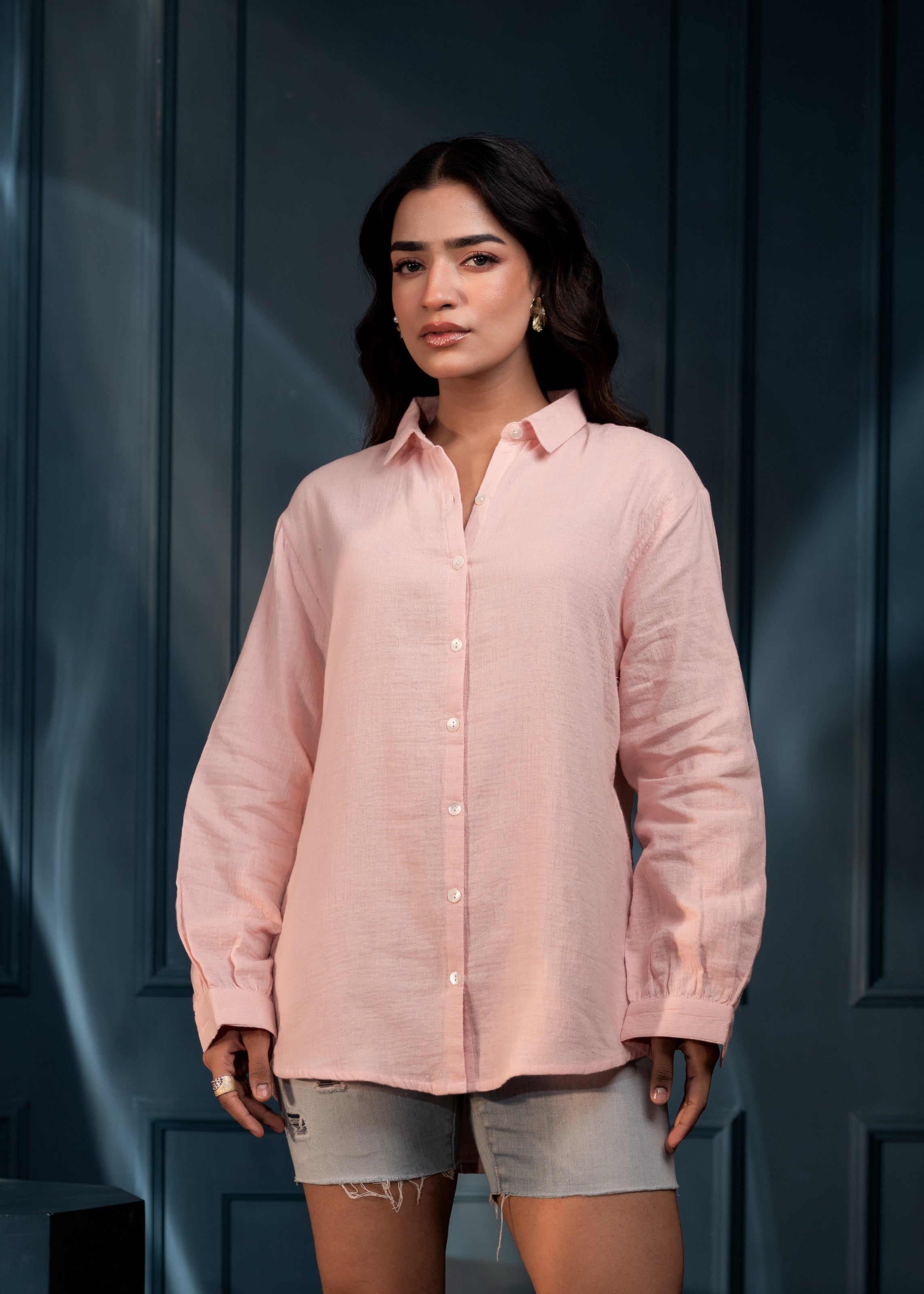 Women's peach Cotton Shirt with Full Sleeves and Front Slit | DesiQlo