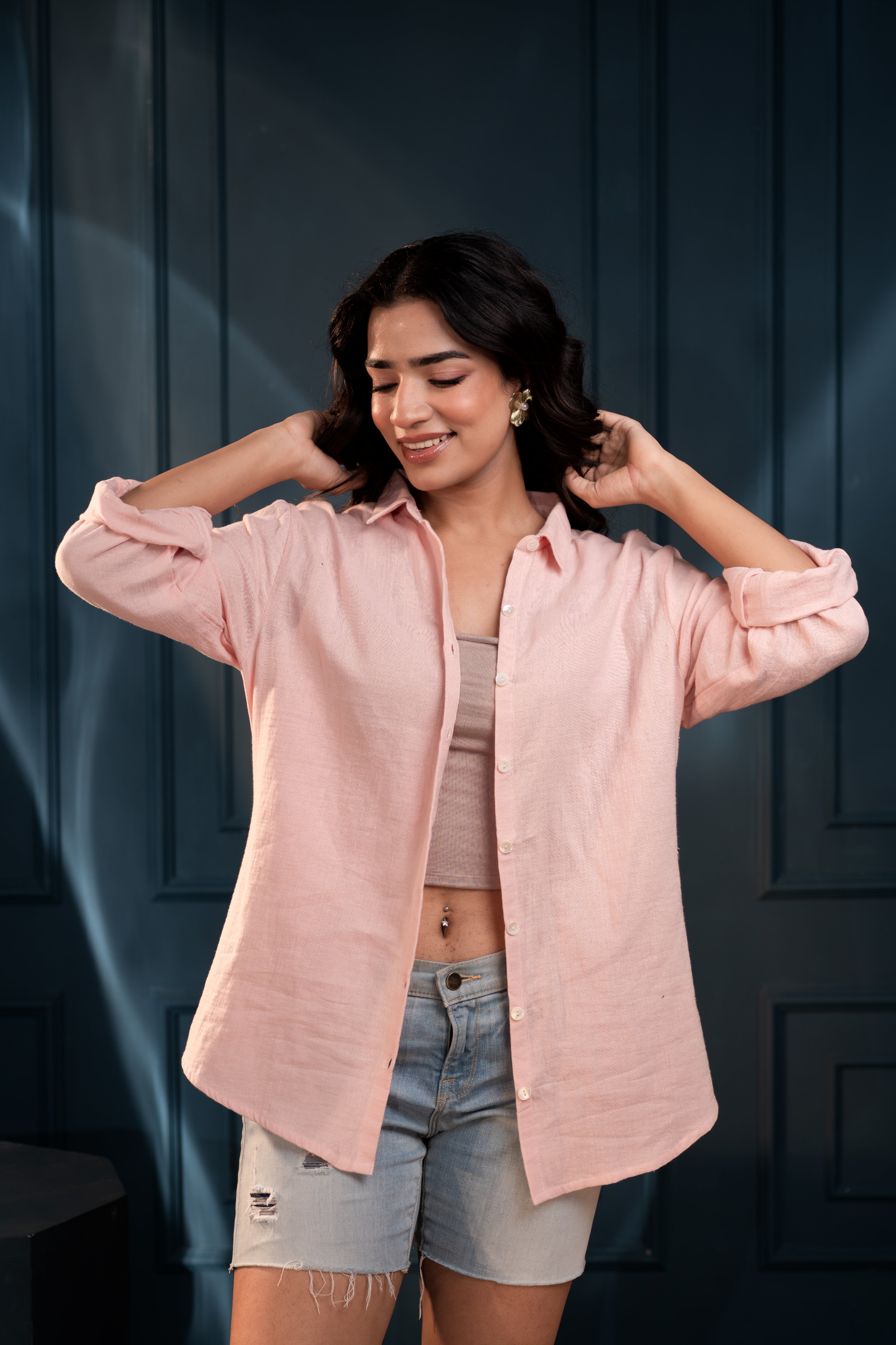 Women's peach Cotton Shirt with Full Sleeves and Front Slit | DesiQlo