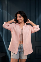 Women's peach Cotton Shirt with Full Sleeves and Front Slit