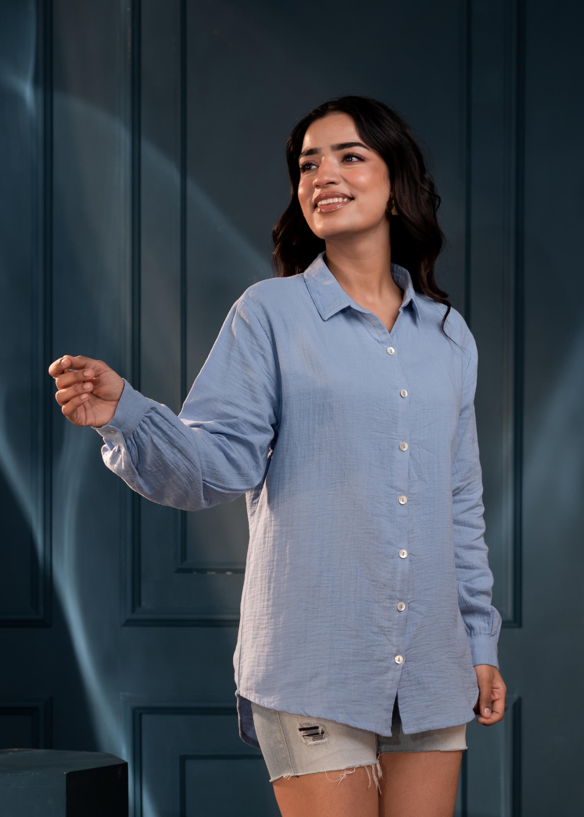 Women's Sky Blue Cotton Shirt with Full Sleeves and Front Slit | DesiQ