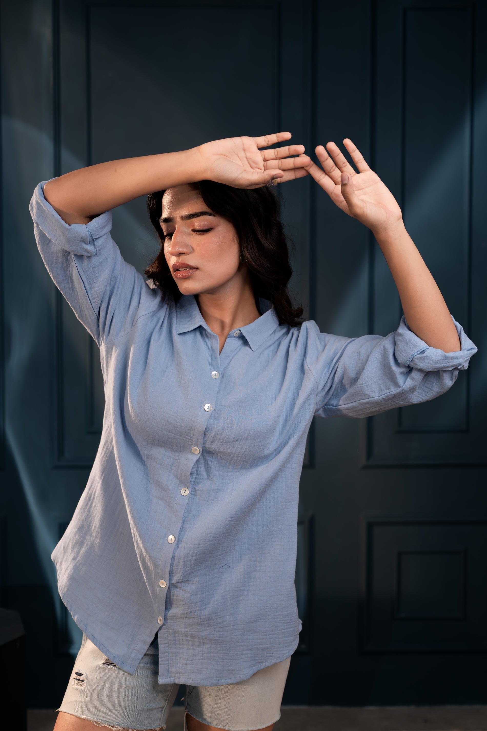 Women's Sky Blue Cotton Shirt with Full Sleeves and Front Slit | DesiQ