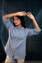 Women's Sky Blue Cotton Shirt with Full Sleeves and Front Slit