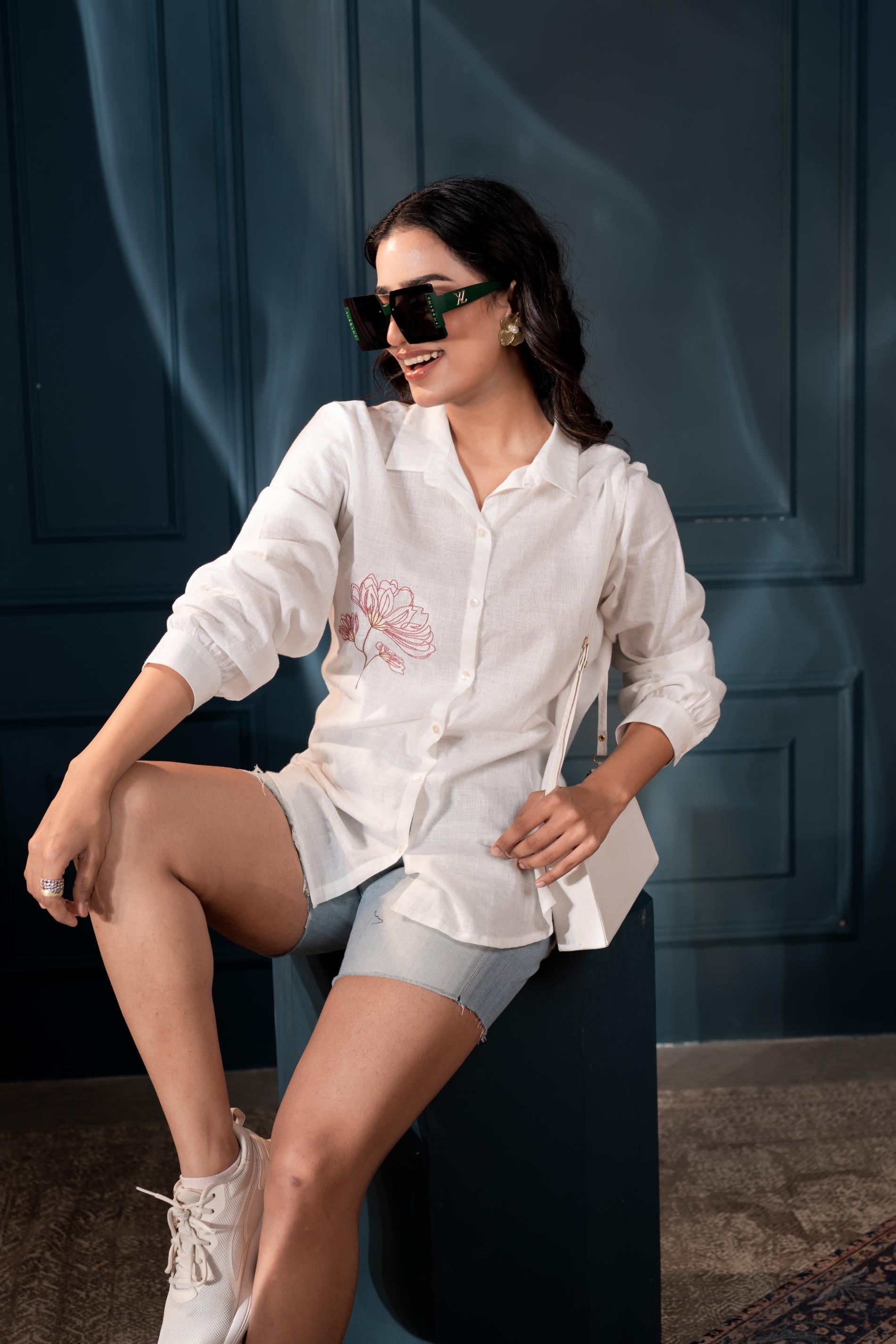 Women's White Cotton Shirt with Thread Work and Full Sleeves | DesiQlo