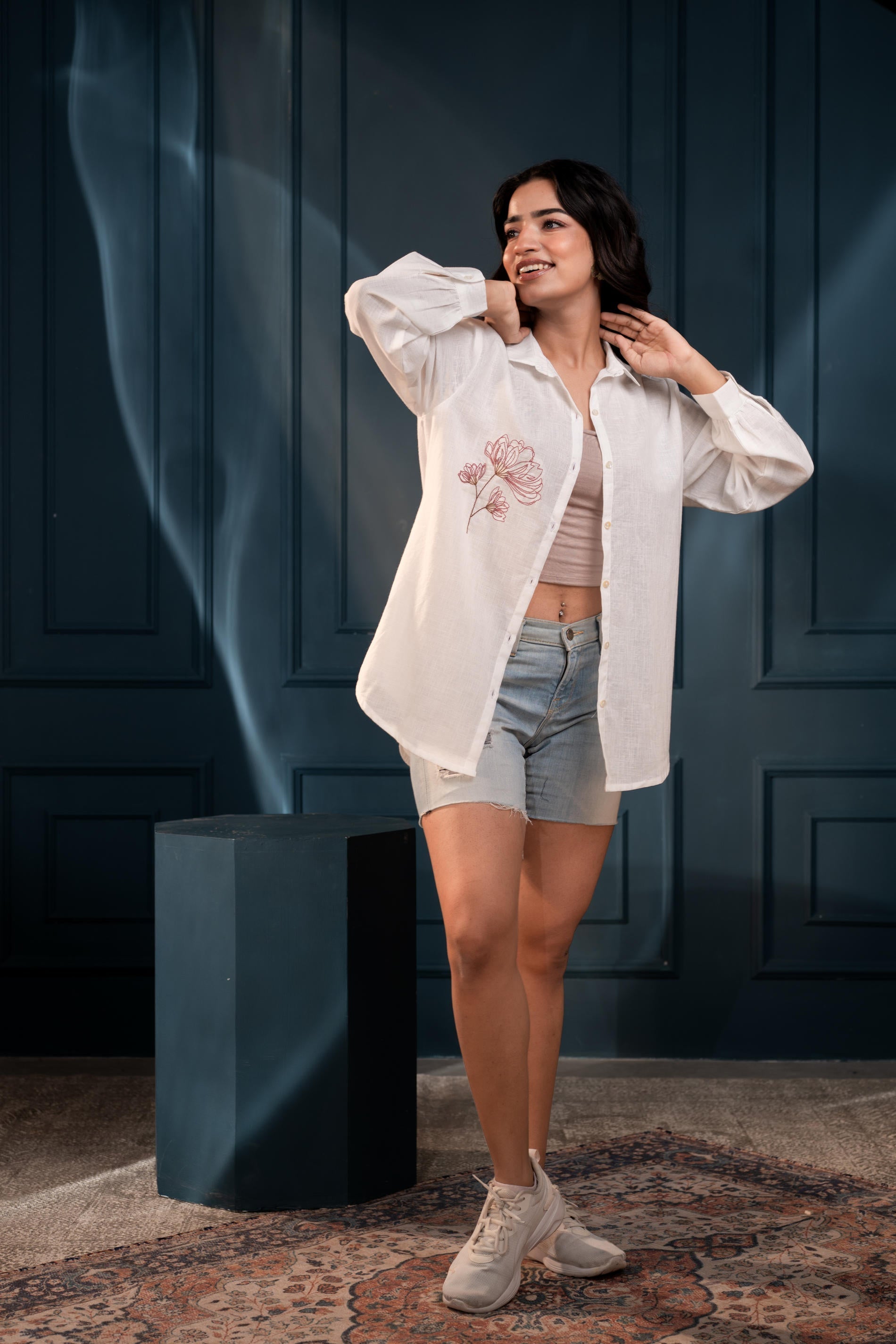 Women's White Cotton Shirt with Thread Work and Full Sleeves | DesiQlo