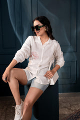 Women's White Cotton Shirt with Thread Work and Full Sleeves