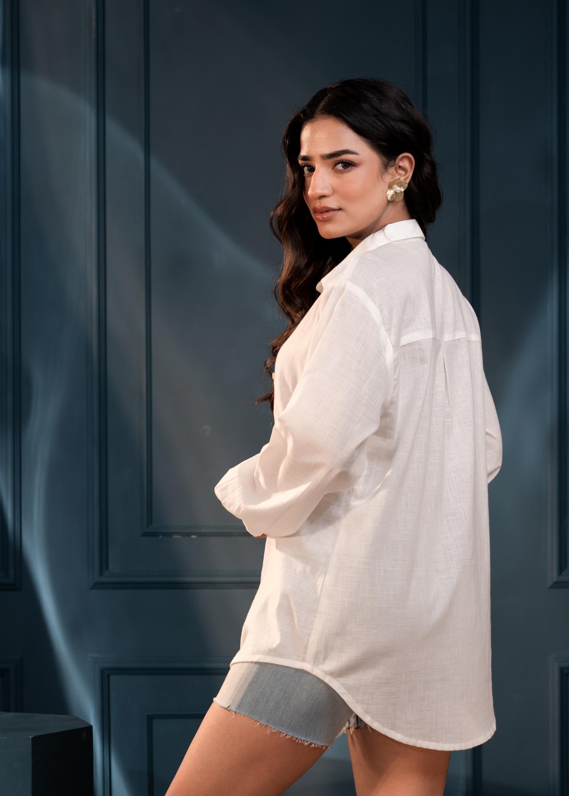 Women's White Cotton Shirt with Thread Work and Full Sleeves | DesiQlo