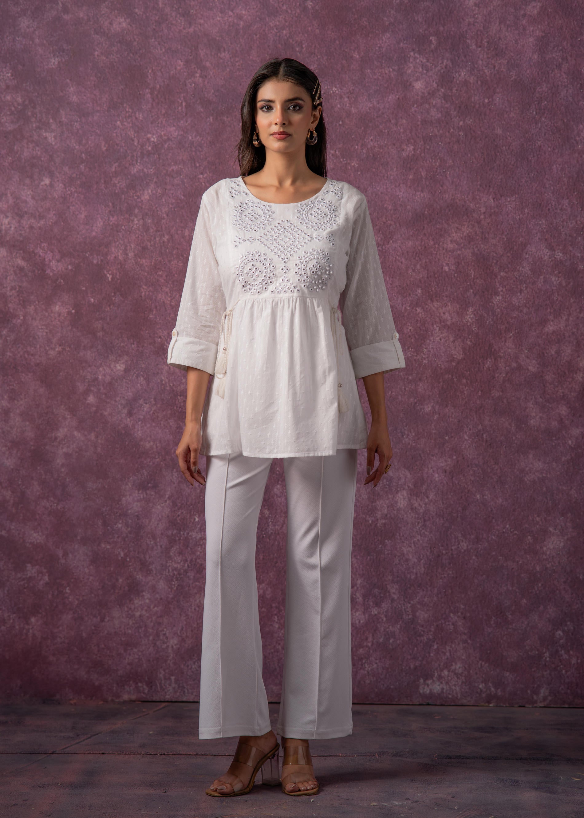 Women's Off-White Cotton Tunic with Thread & Mirror Work - 2 | DesiQlo