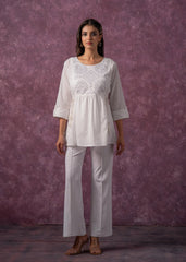 Women's Off-White Cotton Tunic with Thread & Mirror Work