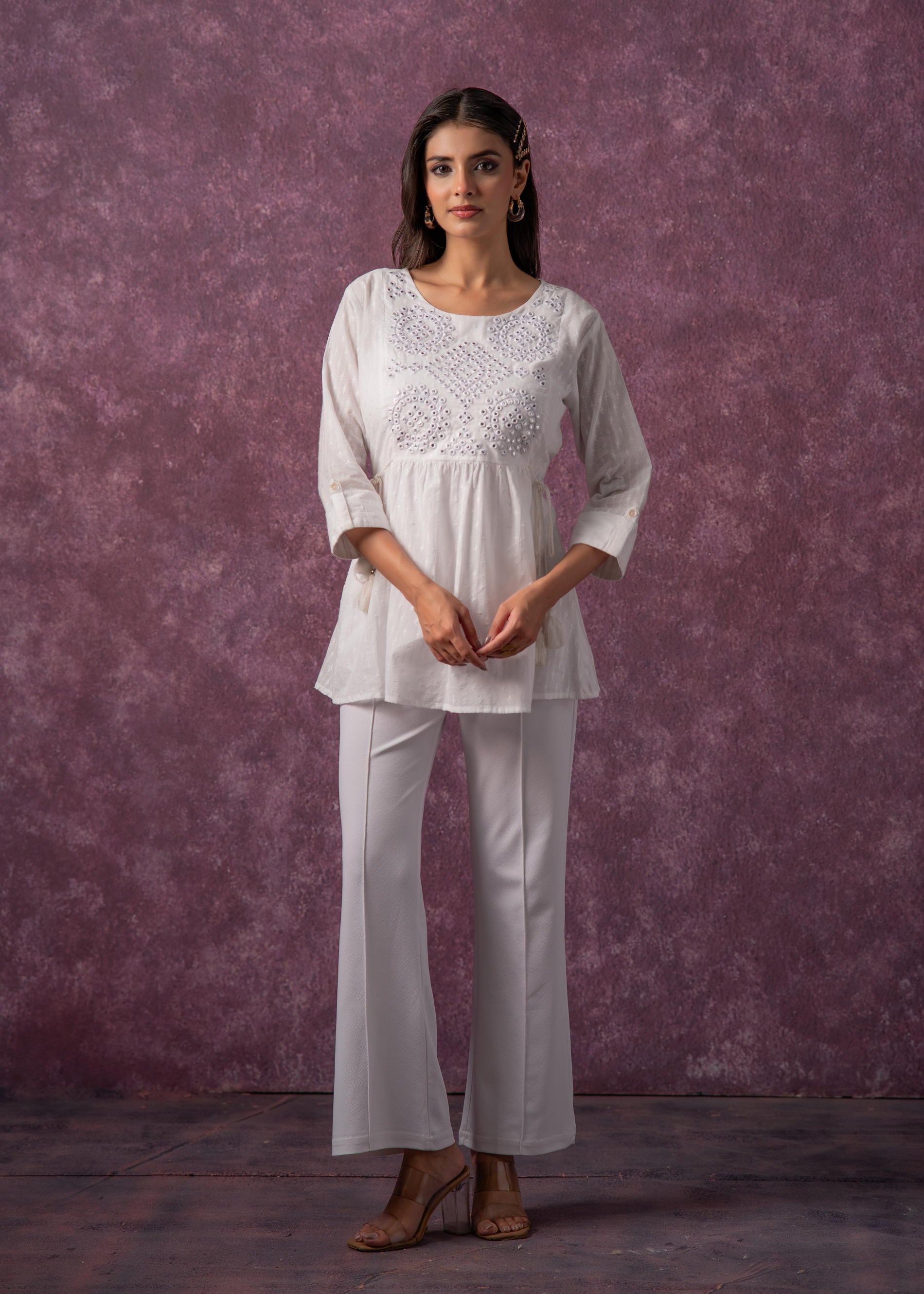 Women's Off-White Cotton Tunic with Thread & Mirror Work - 2 | DesiQlo