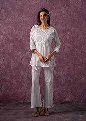 Women's Off-White Cotton Tunic with Thread & Mirror Work