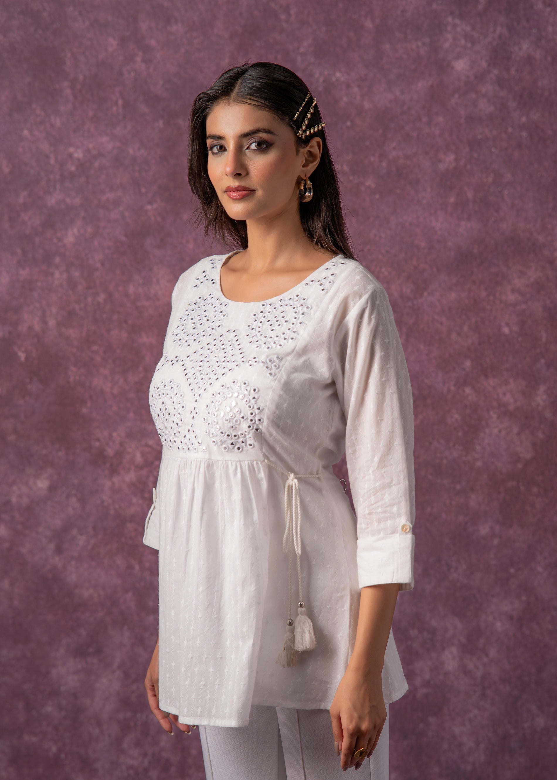 Women's Off-White Cotton Tunic with Thread & Mirror Work - 2 | DesiQlo