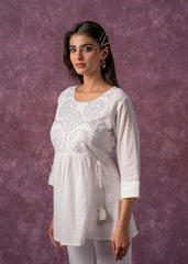 Women's Off-White Cotton Tunic with Thread & Mirror Work