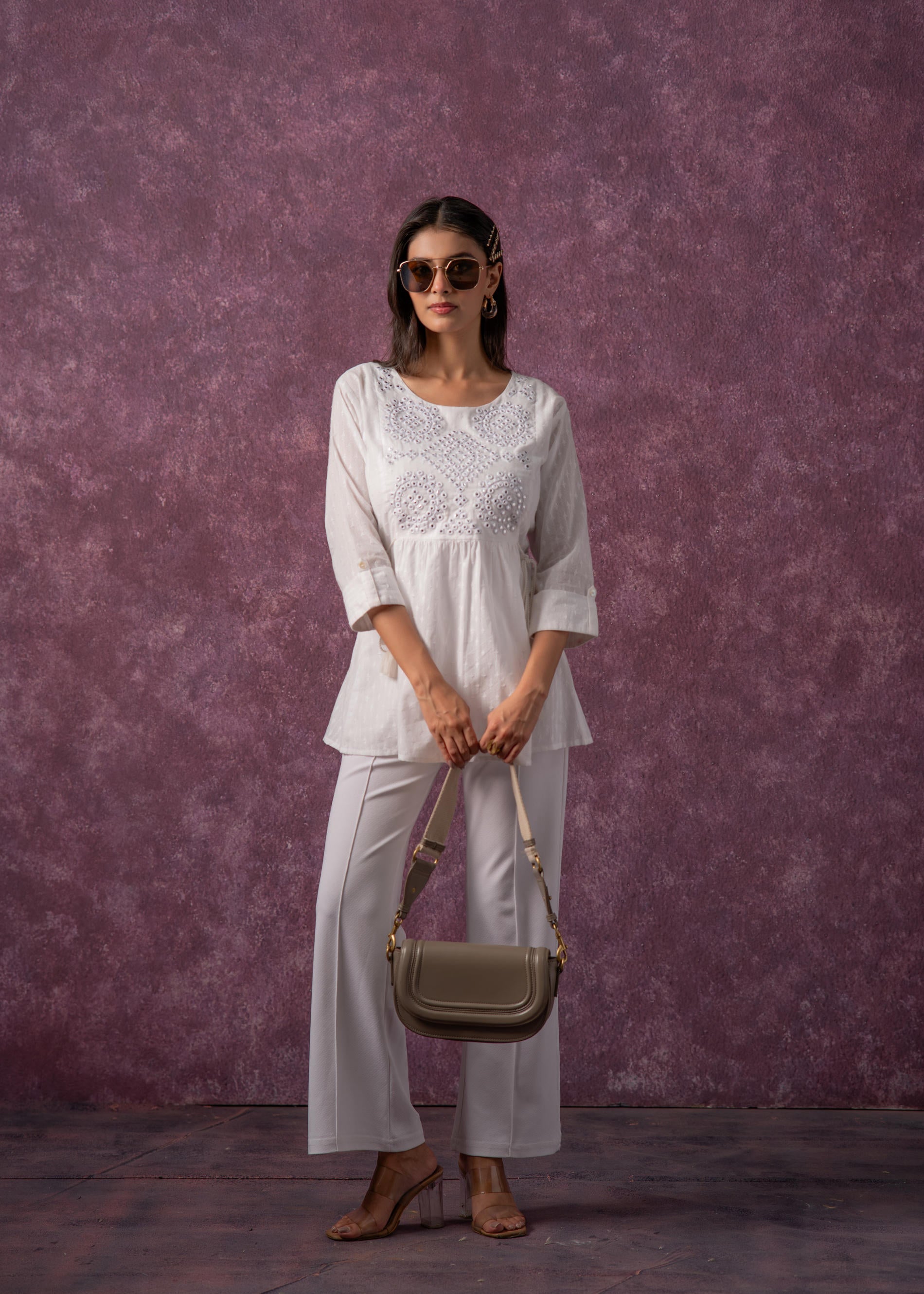 Women's Off-White Cotton Tunic with Thread & Mirror Work - 2 | DesiQlo