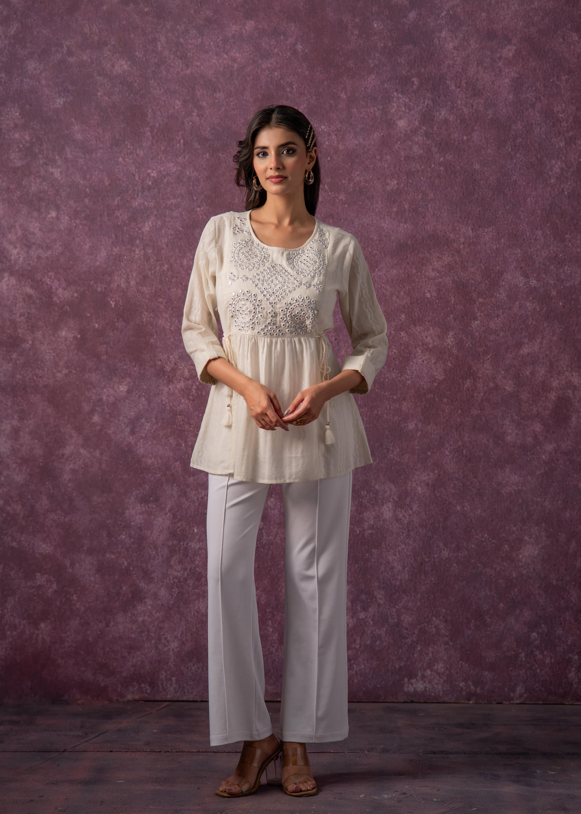 Women's Off-White Cotton Tunic with Thread & Mirror Work - Off-White |