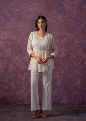 Women's Off-White Cotton Tunic with Thread & Mirror Work
