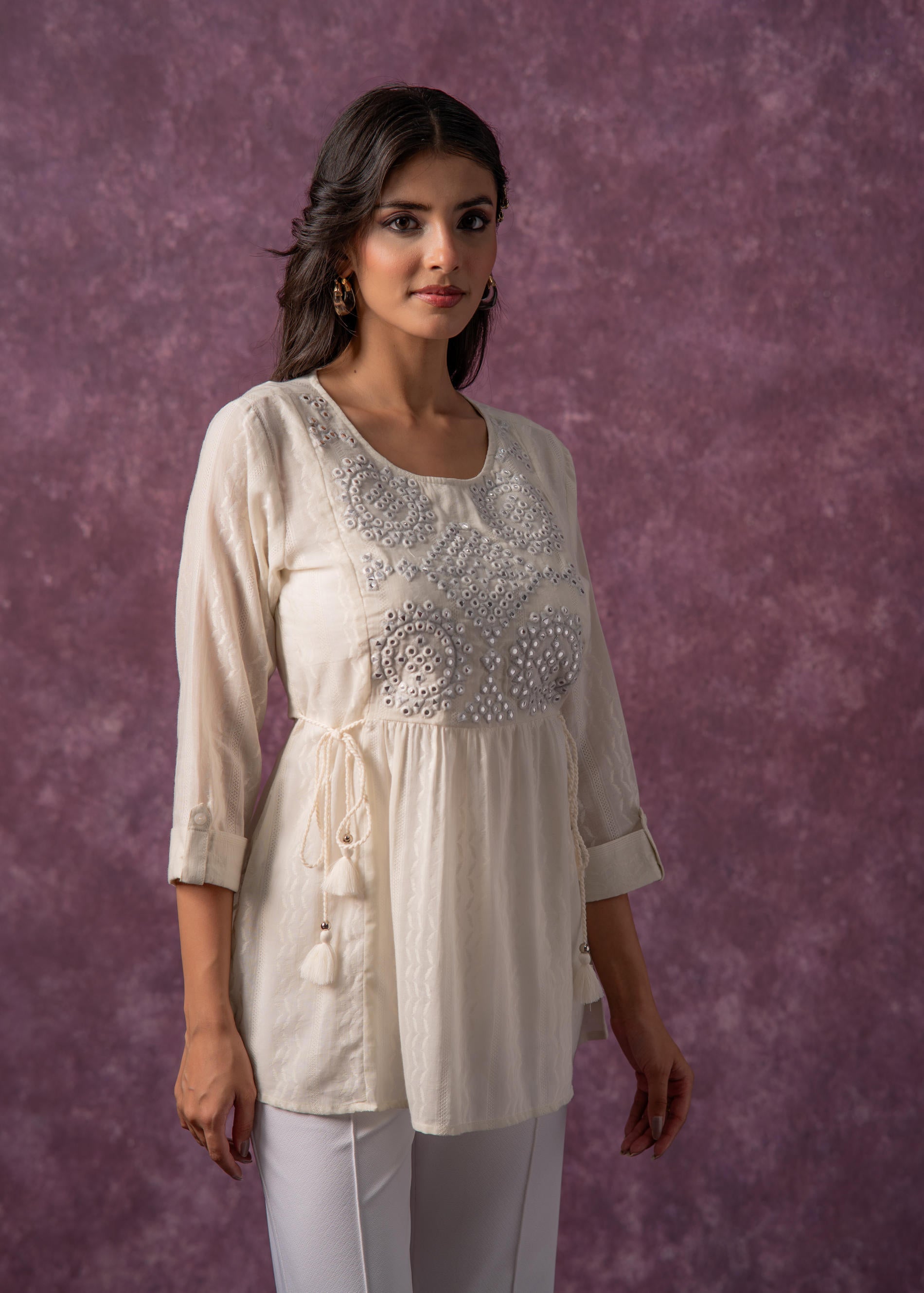 Women's Off-White Cotton Tunic with Thread & Mirror Work - Off-White |